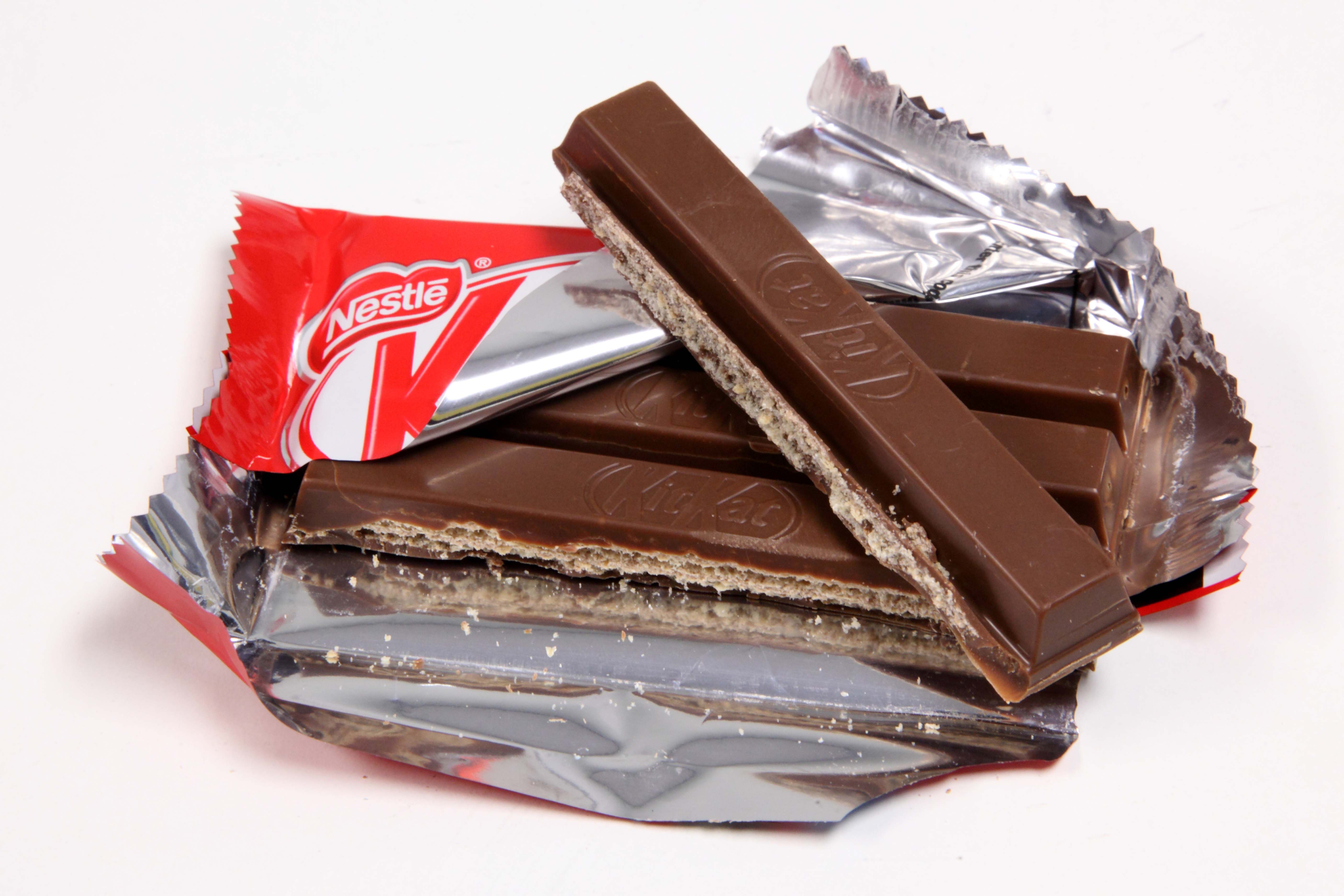 Kit Kat. Four fingers of crispy biscuit and Fair-Trade chocolate.  Too tempting to resist !