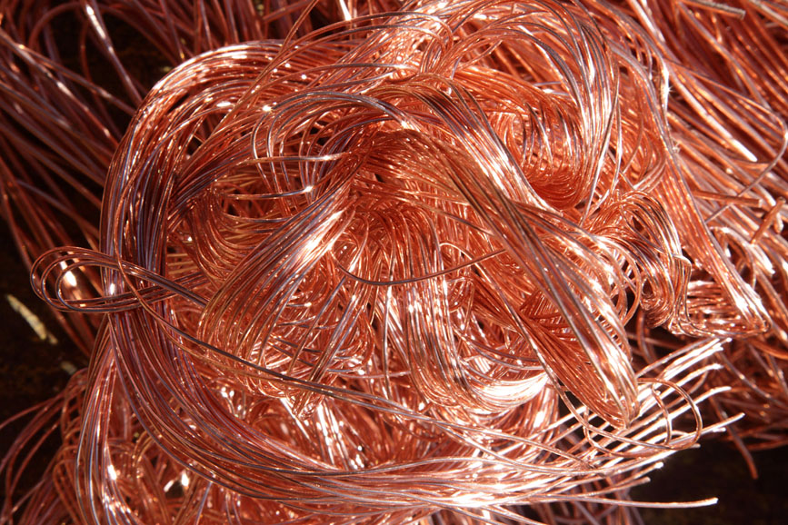 Bright copper wire in recycling depot near Cardiff