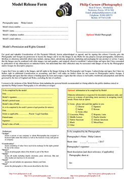 Model Release Form.&nbsp; Should be completed where a person is being used in an Advertising or Promotional shoot - for "Commercial" photography